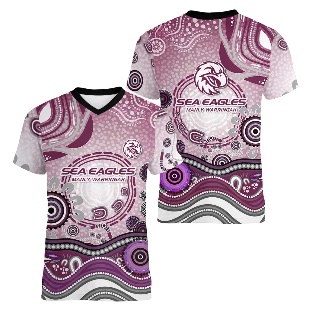 Manly Warringah Sea Eagles Rugby Women V-Neck T-Shirt Australian Aboriginal Dot Painting Style