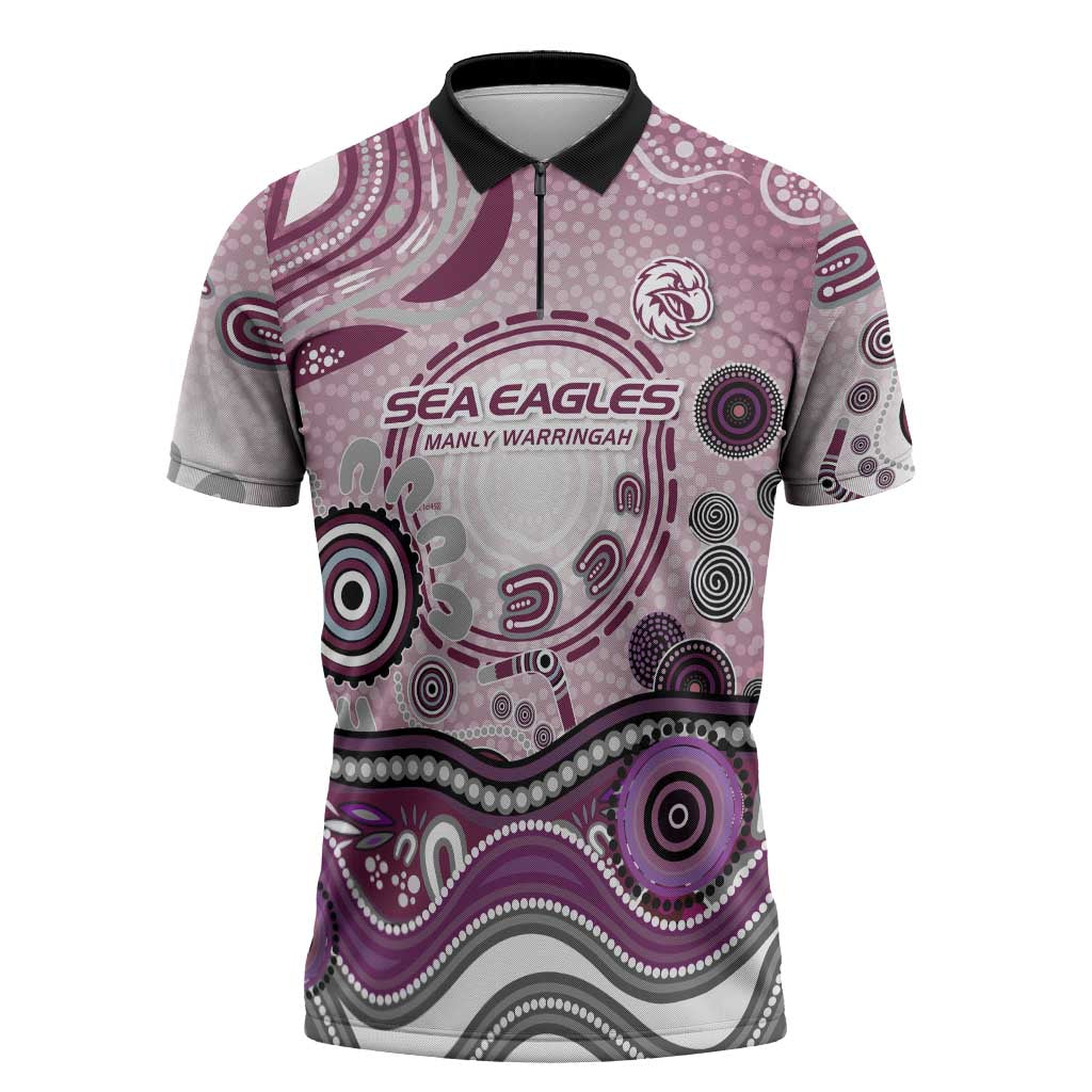 Manly Warringah Sea Eagles Rugby Zipper Polo Shirt Australian Aboriginal Dot Painting Style