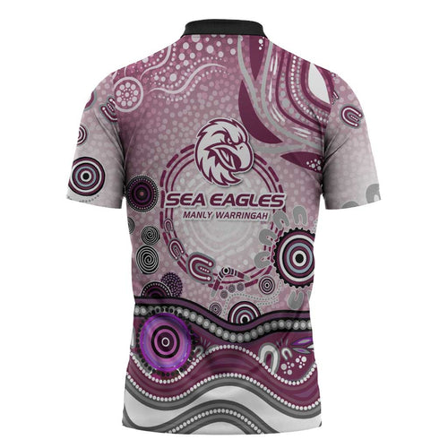 Manly Warringah Sea Eagles Rugby Zipper Polo Shirt Australian Aboriginal Dot Painting Style