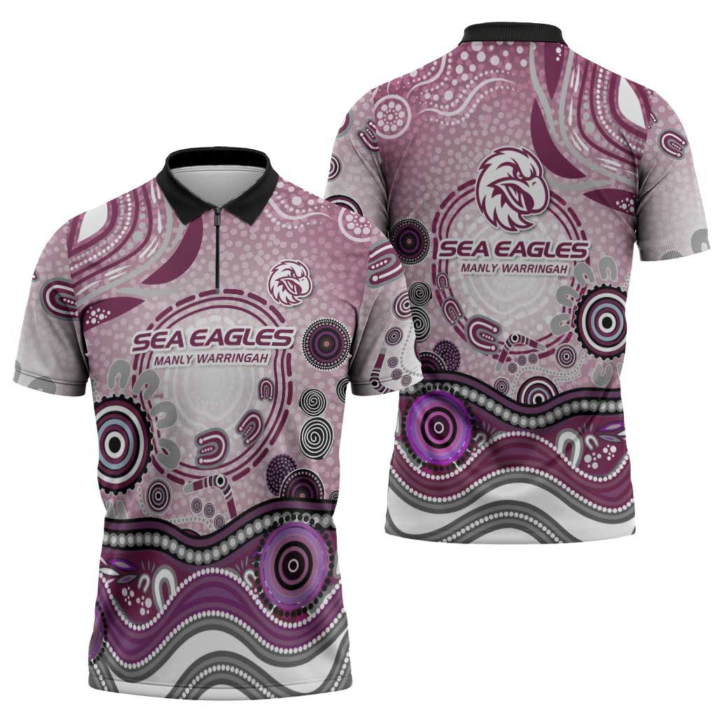 Manly Warringah Sea Eagles Rugby Zipper Polo Shirt Australian Aboriginal Dot Painting Style