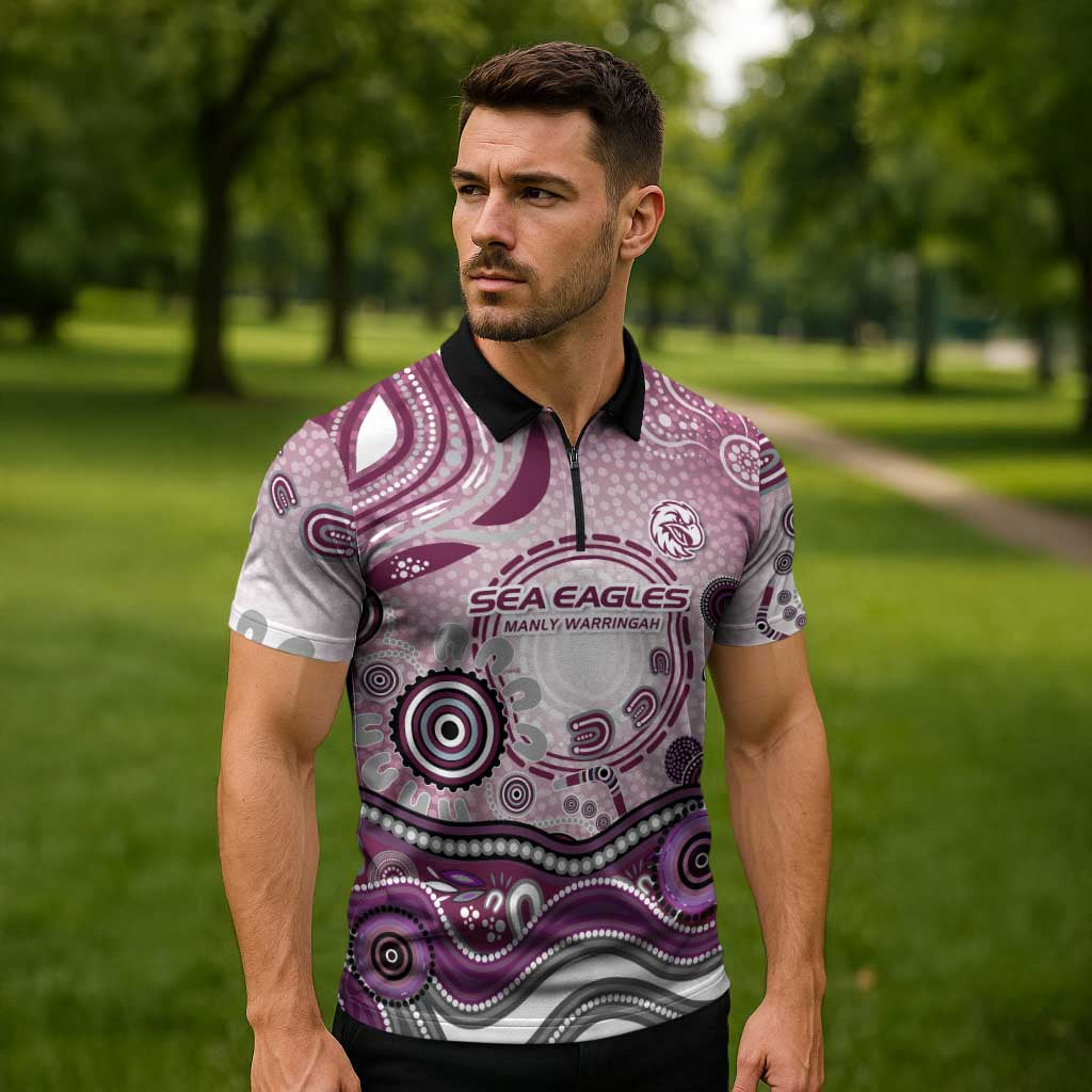 Manly Warringah Sea Eagles Rugby Zipper Polo Shirt Australian Aboriginal Dot Painting Style