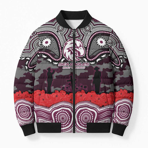 ANZAC Day Manly Warringah Sea Eagles Bomber Puffer Jacket Military Memorial Aboriginal Indigenous Art