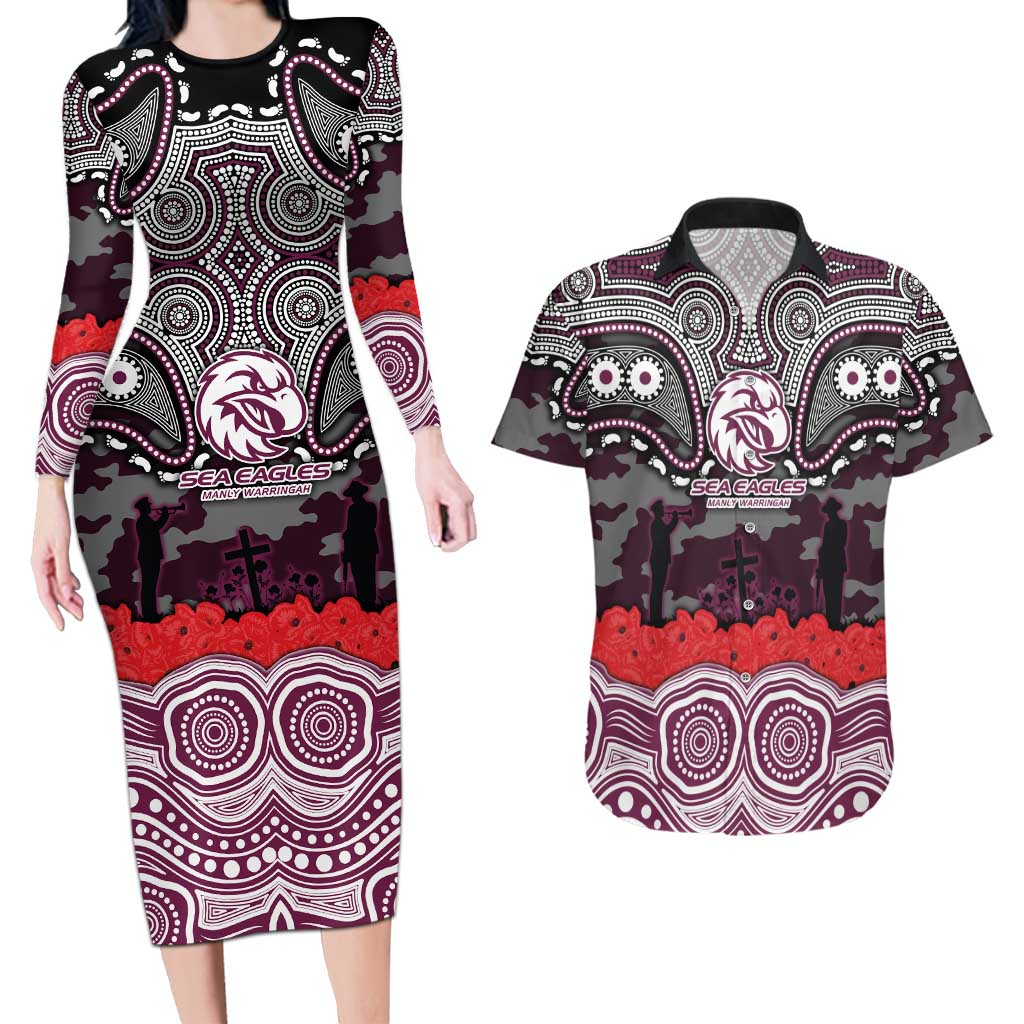 ANZAC Day Manly Warringah Sea Eagles Couples Matching Long Sleeve Bodycon Dress and Hawaiian Shirt Military Memorial Aboriginal Indigenous Art