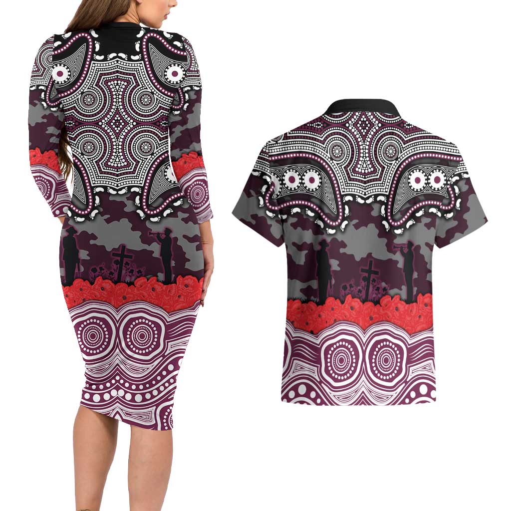 ANZAC Day Manly Warringah Sea Eagles Couples Matching Long Sleeve Bodycon Dress and Hawaiian Shirt Military Memorial Aboriginal Indigenous Art