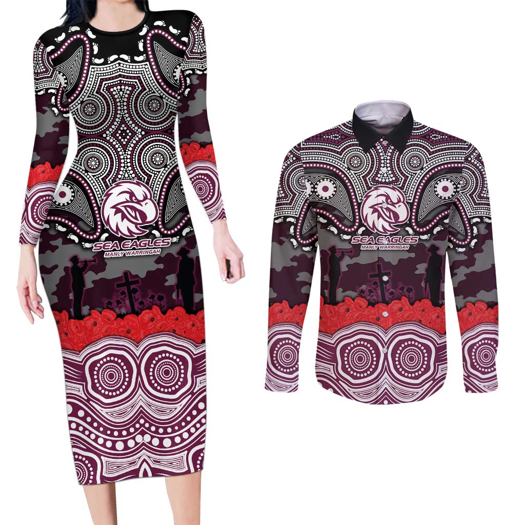 ANZAC Day Manly Warringah Sea Eagles Couples Matching Long Sleeve Bodycon Dress and Long Sleeve Button Shirt Military Memorial Aboriginal Indigenous Art