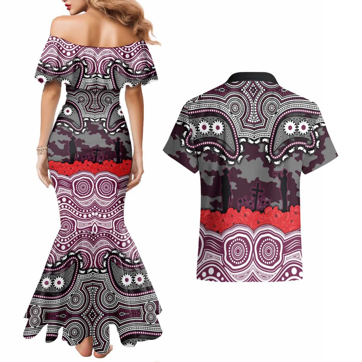 ANZAC Day Manly Warringah Sea Eagles Couples Matching Mermaid Dress and Hawaiian Shirt Military Memorial Aboriginal Indigenous Art