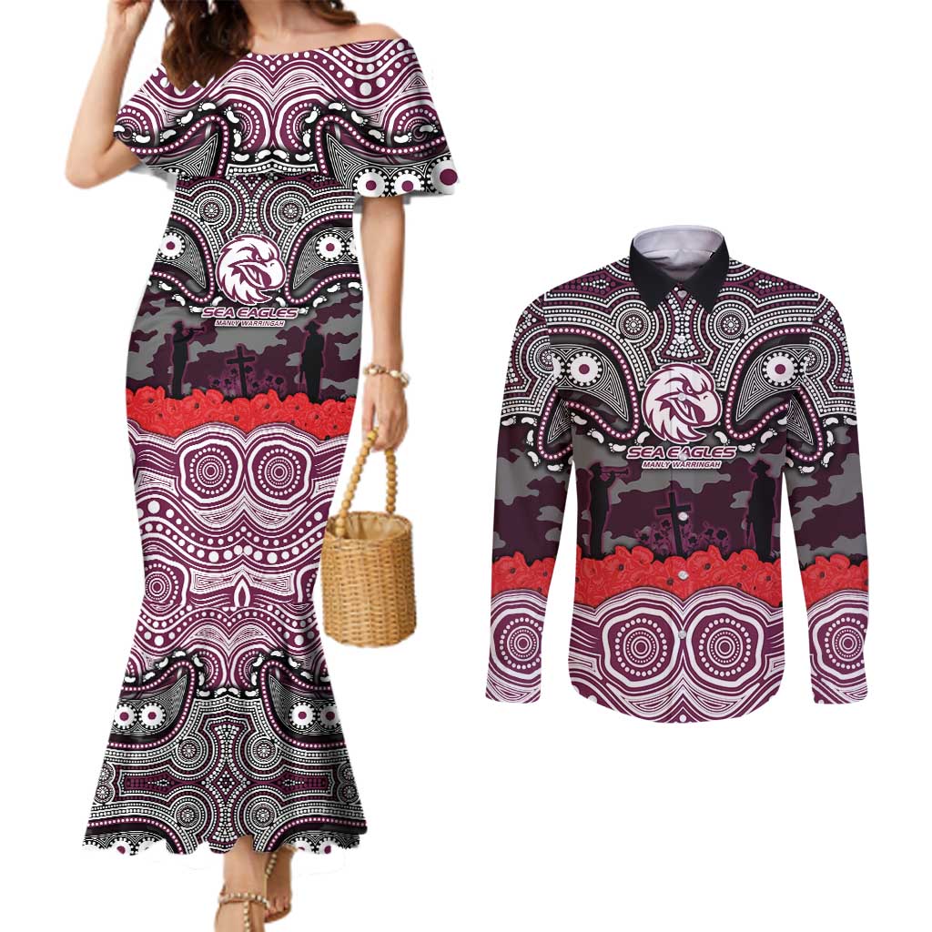 ANZAC Day Manly Warringah Sea Eagles Couples Matching Mermaid Dress and Long Sleeve Button Shirt Military Memorial Aboriginal Indigenous Art