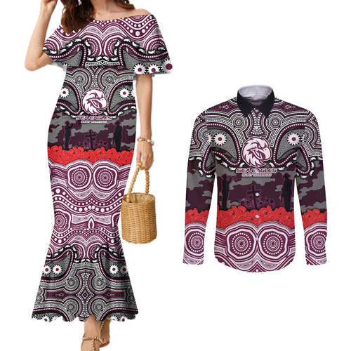 ANZAC Day Manly Warringah Sea Eagles Couples Matching Mermaid Dress and Long Sleeve Button Shirt Military Memorial Aboriginal Indigenous Art