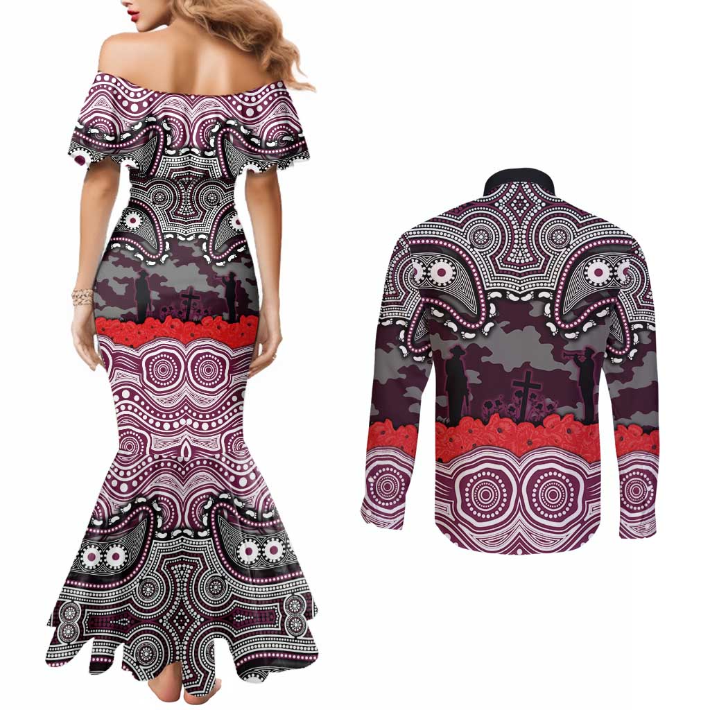 ANZAC Day Manly Warringah Sea Eagles Couples Matching Mermaid Dress and Long Sleeve Button Shirt Military Memorial Aboriginal Indigenous Art