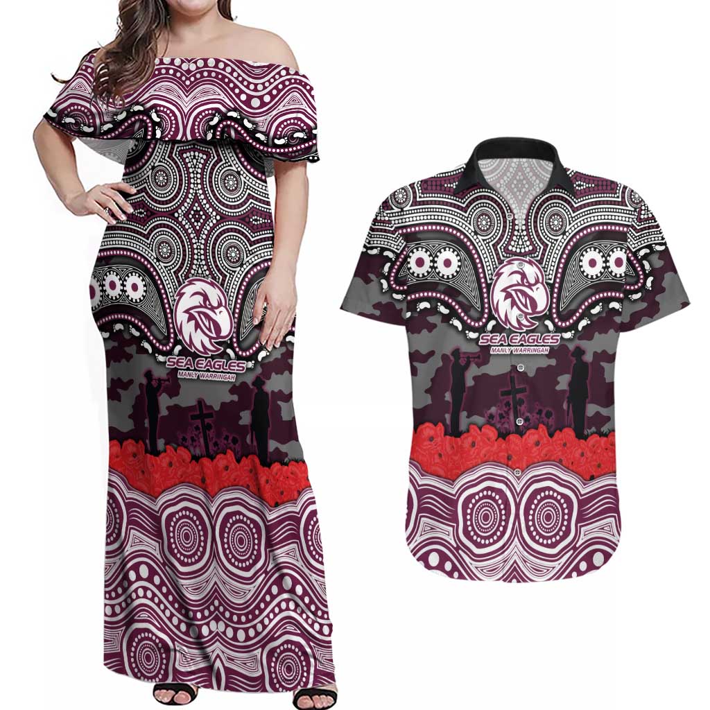ANZAC Day Manly Warringah Sea Eagles Couples Matching Off Shoulder Maxi Dress and Hawaiian Shirt Military Memorial Aboriginal Indigenous Art