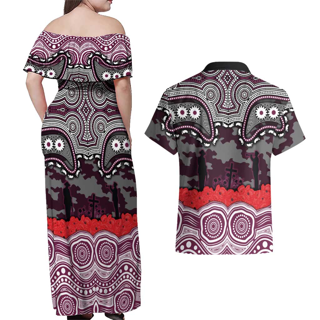 ANZAC Day Manly Warringah Sea Eagles Couples Matching Off Shoulder Maxi Dress and Hawaiian Shirt Military Memorial Aboriginal Indigenous Art