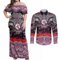 ANZAC Day Manly Warringah Sea Eagles Couples Matching Off Shoulder Maxi Dress and Long Sleeve Button Shirt Military Memorial Aboriginal Indigenous Art