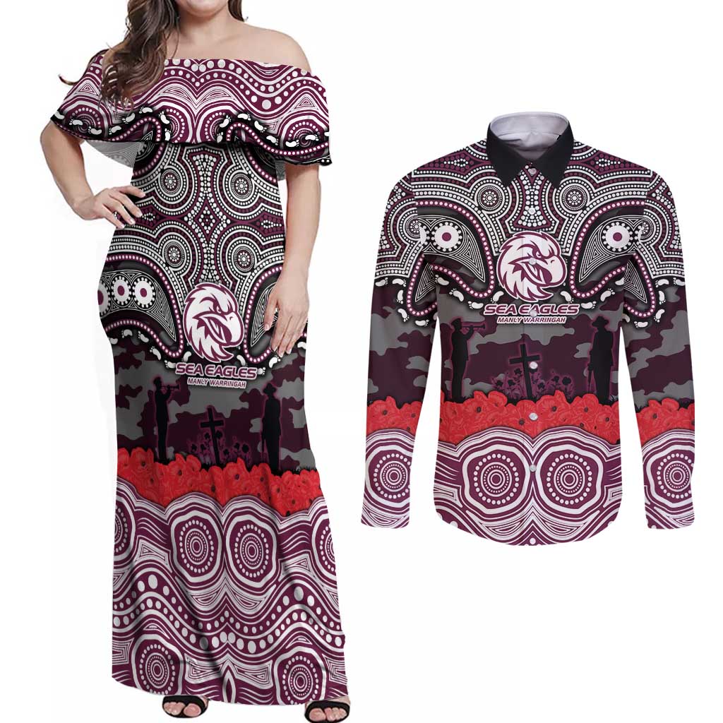 ANZAC Day Manly Warringah Sea Eagles Couples Matching Off Shoulder Maxi Dress and Long Sleeve Button Shirt Military Memorial Aboriginal Indigenous Art