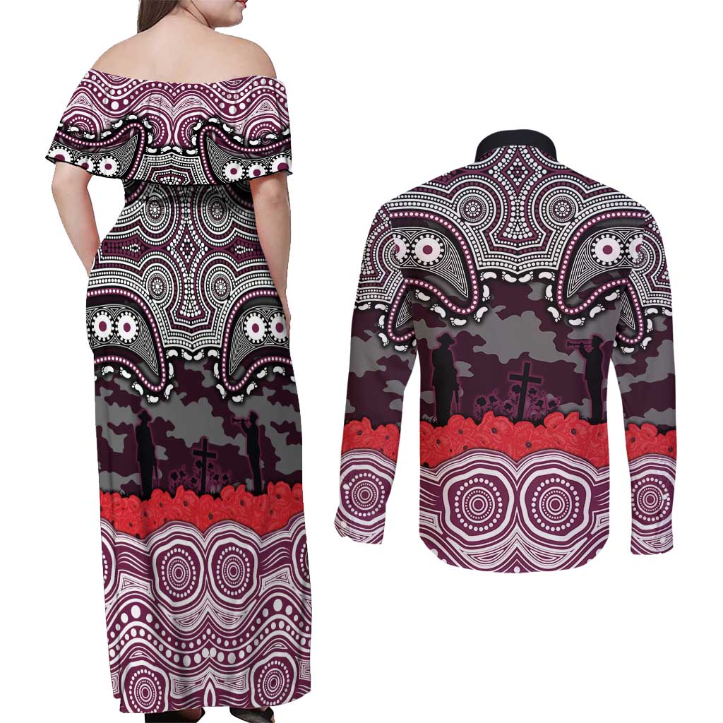 ANZAC Day Manly Warringah Sea Eagles Couples Matching Off Shoulder Maxi Dress and Long Sleeve Button Shirt Military Memorial Aboriginal Indigenous Art