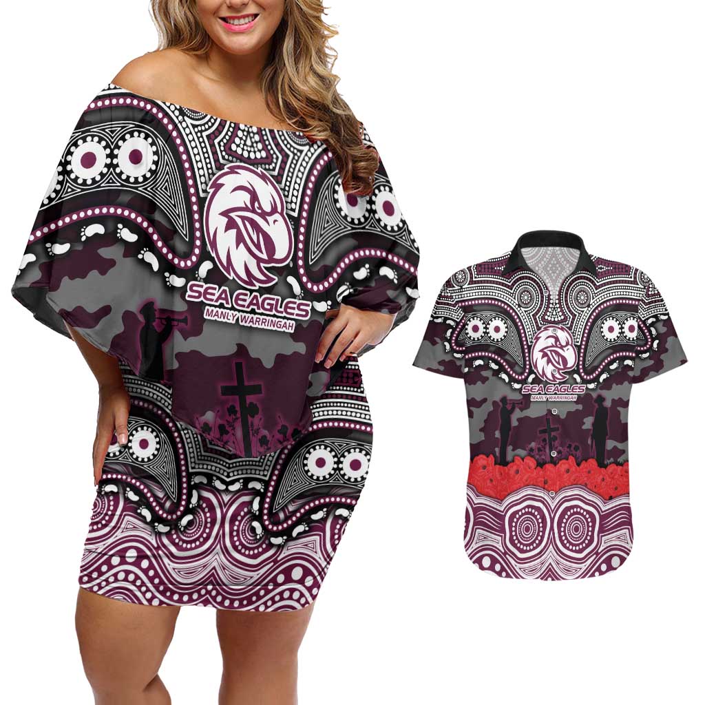 ANZAC Day Manly Warringah Sea Eagles Couples Matching Off Shoulder Short Dress and Hawaiian Shirt Military Memorial Aboriginal Indigenous Art