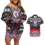 ANZAC Day Manly Warringah Sea Eagles Couples Matching Off Shoulder Short Dress and Hawaiian Shirt Military Memorial Aboriginal Indigenous Art