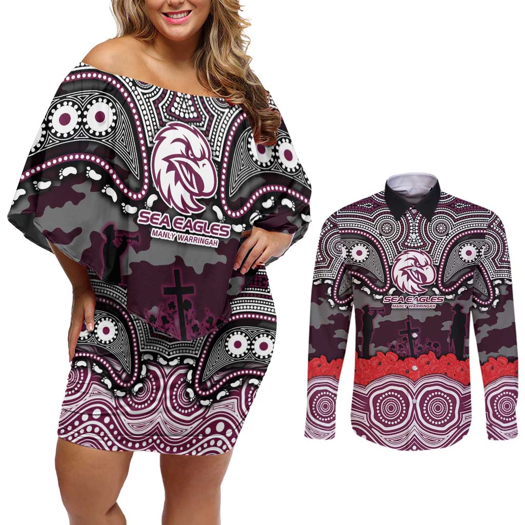 ANZAC Day Manly Warringah Sea Eagles Couples Matching Off Shoulder Short Dress and Long Sleeve Button Shirt Military Memorial Aboriginal Indigenous Art