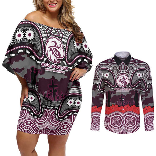 ANZAC Day Manly Warringah Sea Eagles Couples Matching Off Shoulder Short Dress and Long Sleeve Button Shirt Military Memorial Aboriginal Indigenous Art