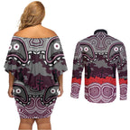 ANZAC Day Manly Warringah Sea Eagles Couples Matching Off Shoulder Short Dress and Long Sleeve Button Shirt Military Memorial Aboriginal Indigenous Art