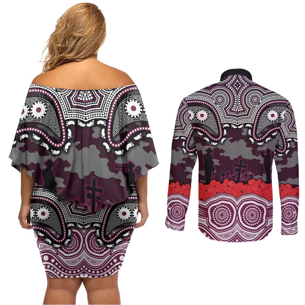 ANZAC Day Manly Warringah Sea Eagles Couples Matching Off Shoulder Short Dress and Long Sleeve Button Shirt Military Memorial Aboriginal Indigenous Art