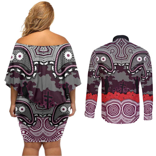 ANZAC Day Manly Warringah Sea Eagles Couples Matching Off Shoulder Short Dress and Long Sleeve Button Shirt Military Memorial Aboriginal Indigenous Art