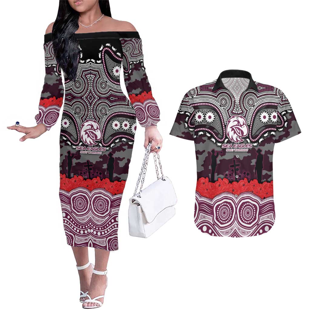 ANZAC Day Manly Warringah Sea Eagles Couples Matching Off The Shoulder Long Sleeve Dress and Hawaiian Shirt Military Memorial Aboriginal Indigenous Art