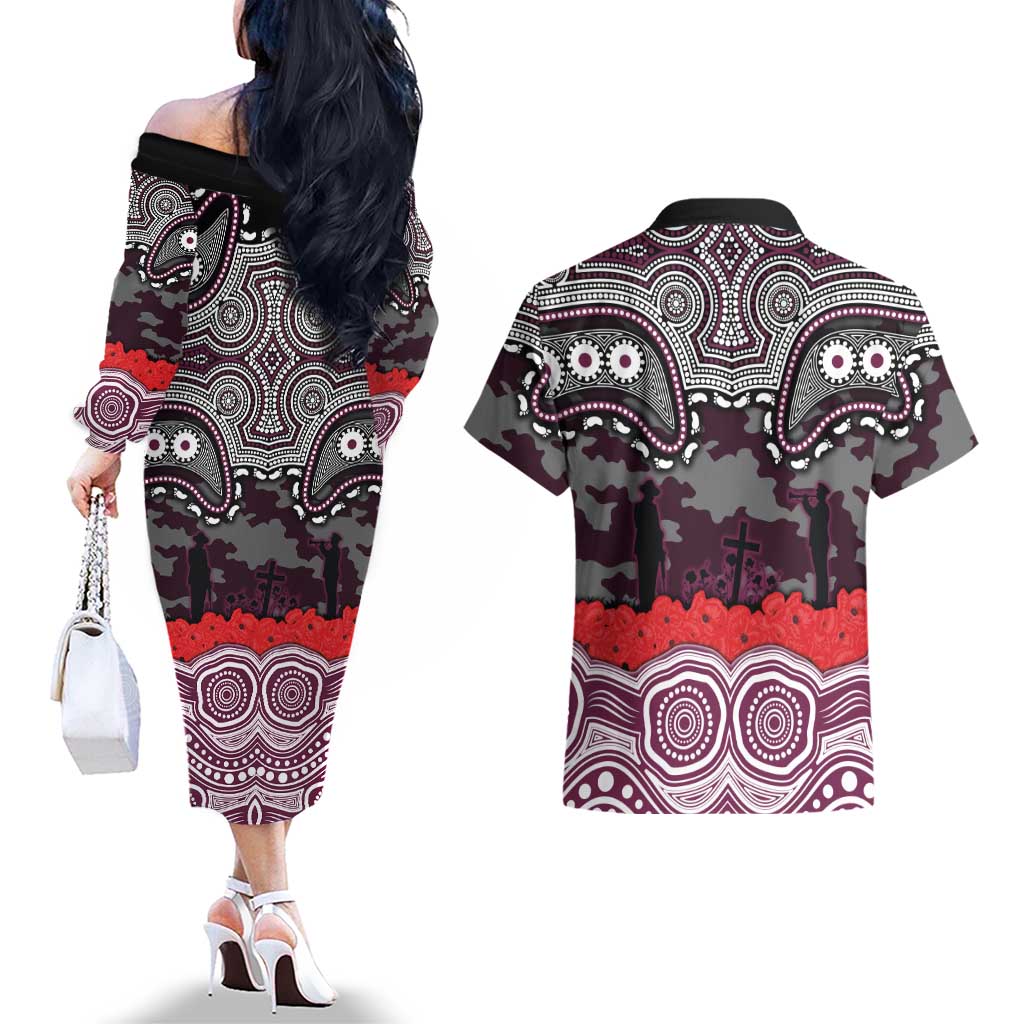 ANZAC Day Manly Warringah Sea Eagles Couples Matching Off The Shoulder Long Sleeve Dress and Hawaiian Shirt Military Memorial Aboriginal Indigenous Art
