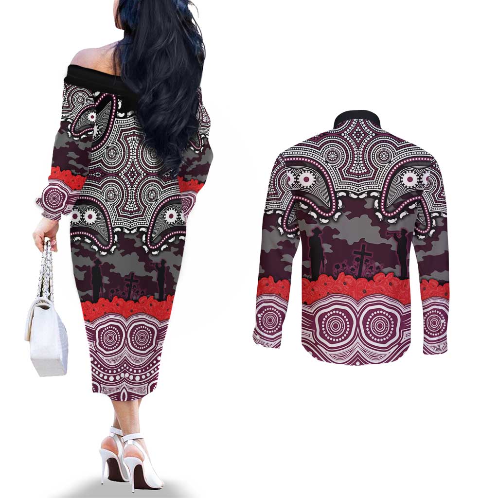ANZAC Day Manly Warringah Sea Eagles Couples Matching Off The Shoulder Long Sleeve Dress and Long Sleeve Button Shirt Military Memorial Aboriginal Indigenous Art