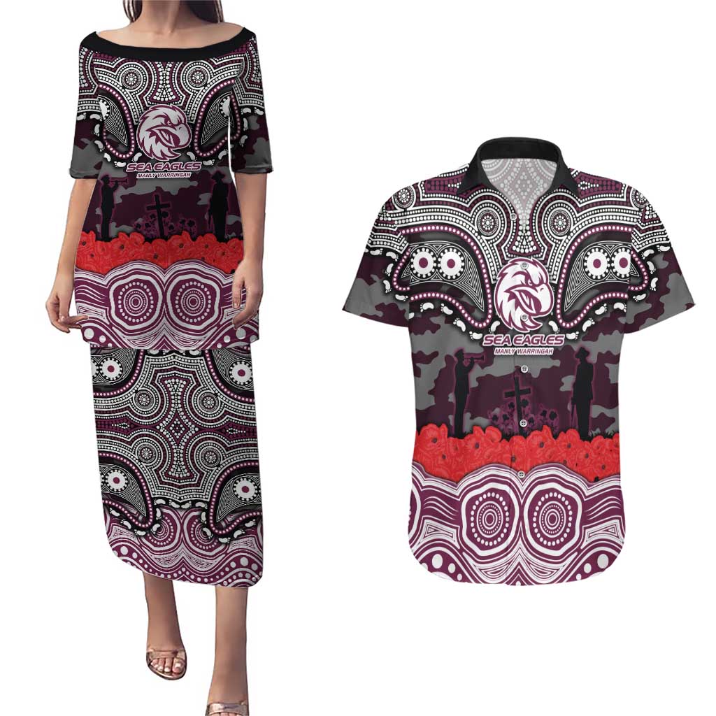 ANZAC Day Manly Warringah Sea Eagles Couples Matching Puletasi and Hawaiian Shirt Military Memorial Aboriginal Indigenous Art