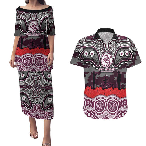 ANZAC Day Manly Warringah Sea Eagles Couples Matching Puletasi and Hawaiian Shirt Military Memorial Aboriginal Indigenous Art