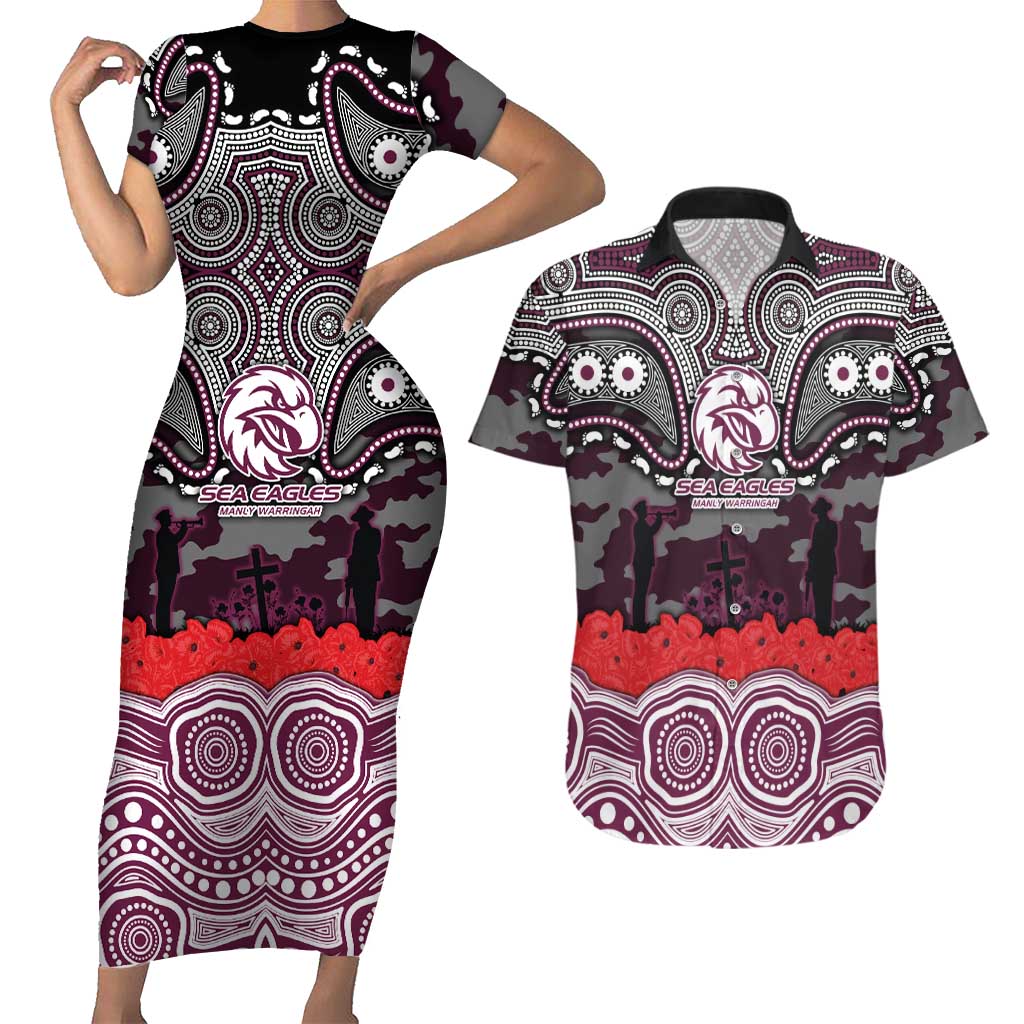 ANZAC Day Manly Warringah Sea Eagles Couples Matching Short Sleeve Bodycon Dress and Hawaiian Shirt Military Memorial Aboriginal Indigenous Art