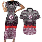 ANZAC Day Manly Warringah Sea Eagles Couples Matching Short Sleeve Bodycon Dress and Hawaiian Shirt Military Memorial Aboriginal Indigenous Art