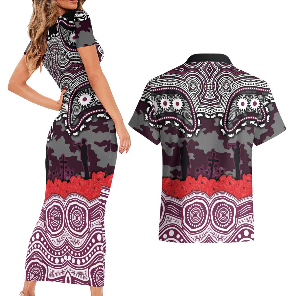 ANZAC Day Manly Warringah Sea Eagles Couples Matching Short Sleeve Bodycon Dress and Hawaiian Shirt Military Memorial Aboriginal Indigenous Art