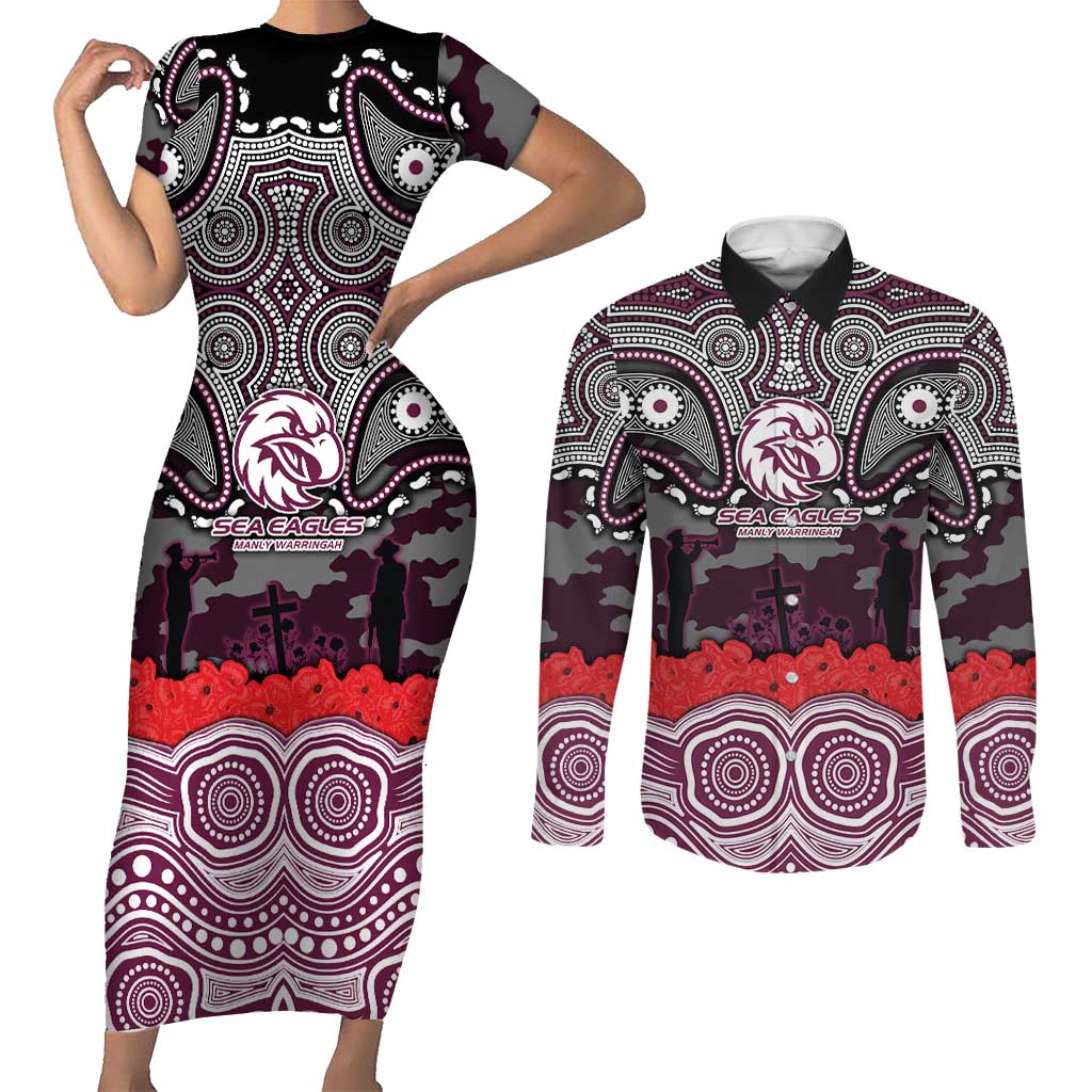 ANZAC Day Manly Warringah Sea Eagles Couples Matching Short Sleeve Bodycon Dress and Long Sleeve Button Shirt Military Memorial Aboriginal Indigenous Art