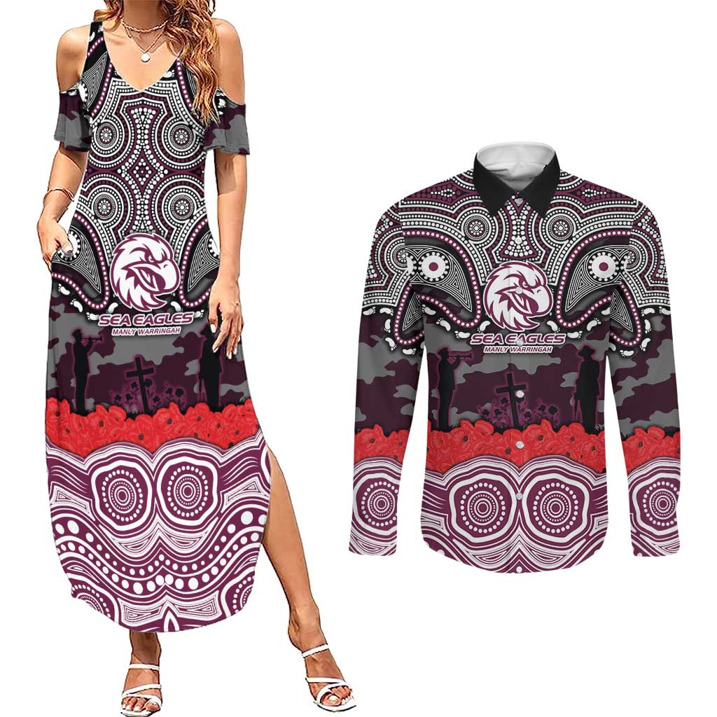 ANZAC Day Manly Warringah Sea Eagles Couples Matching Summer Maxi Dress and Long Sleeve Button Shirt Military Memorial Aboriginal Indigenous Art