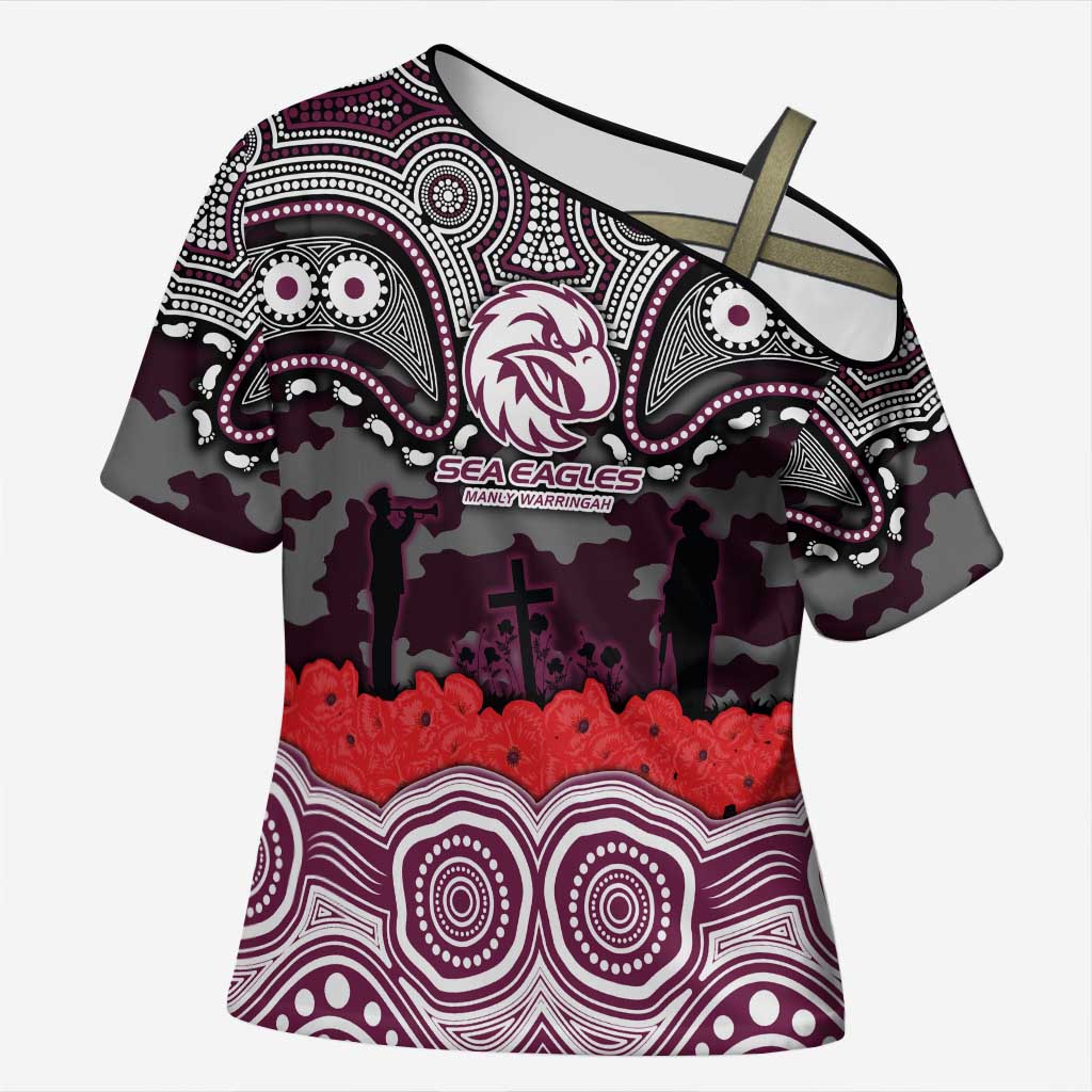 ANZAC Day Manly Warringah Sea Eagles Cross Shoulder Shirt Military Memorial Aboriginal Indigenous Art