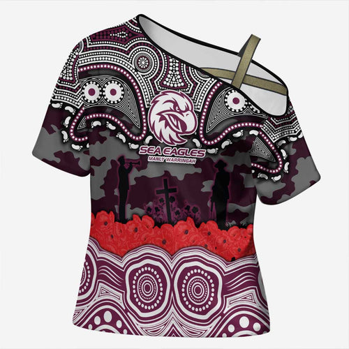 ANZAC Day Manly Warringah Sea Eagles Cross Shoulder Shirt Military Memorial Aboriginal Indigenous Art