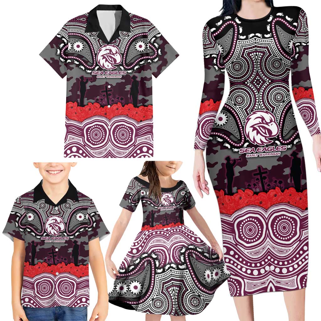 ANZAC Day Manly Warringah Sea Eagles Family Matching Long Sleeve Bodycon Dress and Hawaiian Shirt Military Memorial Aboriginal Indigenous Art