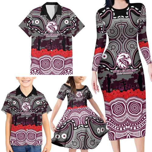 ANZAC Day Manly Warringah Sea Eagles Family Matching Long Sleeve Bodycon Dress and Hawaiian Shirt Military Memorial Aboriginal Indigenous Art