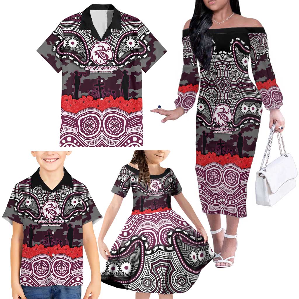 ANZAC Day Manly Warringah Sea Eagles Family Matching Off The Shoulder Long Sleeve Dress and Hawaiian Shirt Military Memorial Aboriginal Indigenous Art