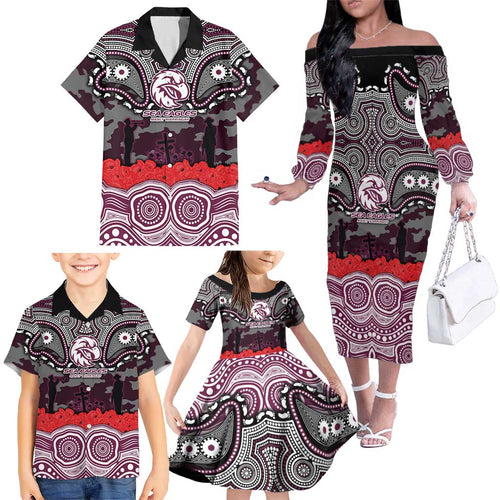 ANZAC Day Manly Warringah Sea Eagles Family Matching Off The Shoulder Long Sleeve Dress and Hawaiian Shirt Military Memorial Aboriginal Indigenous Art