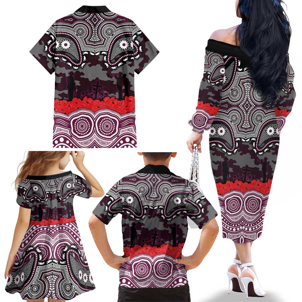 ANZAC Day Manly Warringah Sea Eagles Family Matching Off The Shoulder Long Sleeve Dress and Hawaiian Shirt Military Memorial Aboriginal Indigenous Art