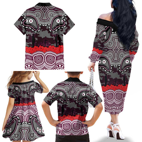 ANZAC Day Manly Warringah Sea Eagles Family Matching Off The Shoulder Long Sleeve Dress and Hawaiian Shirt Military Memorial Aboriginal Indigenous Art