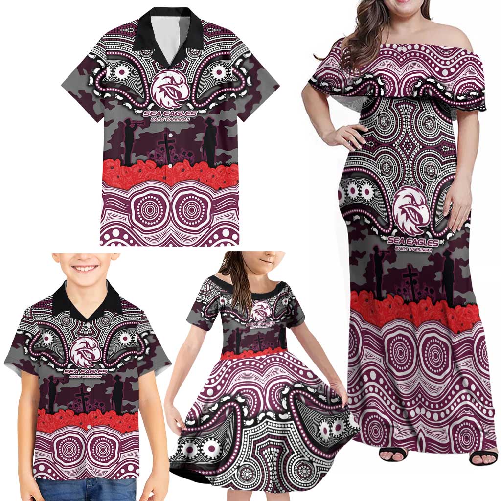 ANZAC Day Manly Warringah Sea Eagles Family Matching Off Shoulder Maxi Dress and Hawaiian Shirt Military Memorial Aboriginal Indigenous Art