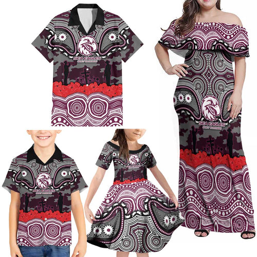 ANZAC Day Manly Warringah Sea Eagles Family Matching Off Shoulder Maxi Dress and Hawaiian Shirt Military Memorial Aboriginal Indigenous Art