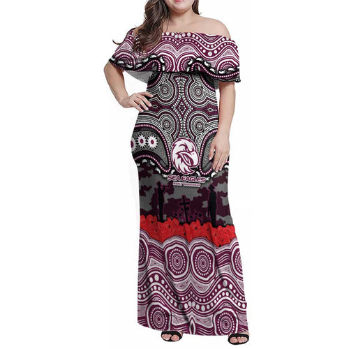 ANZAC Day Manly Warringah Sea Eagles Family Matching Off Shoulder Maxi Dress and Hawaiian Shirt Military Memorial Aboriginal Indigenous Art