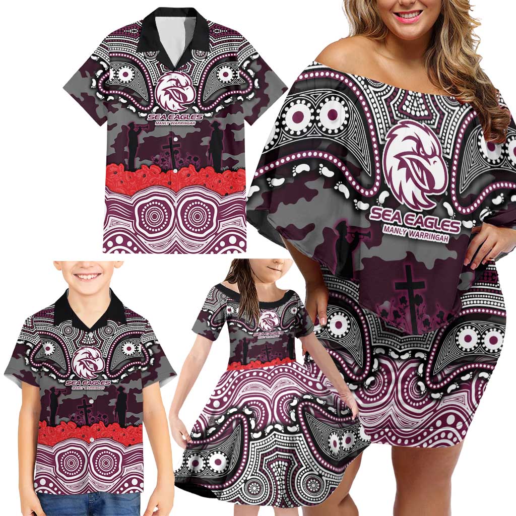 ANZAC Day Manly Warringah Sea Eagles Family Matching Off Shoulder Short Dress and Hawaiian Shirt Military Memorial Aboriginal Indigenous Art