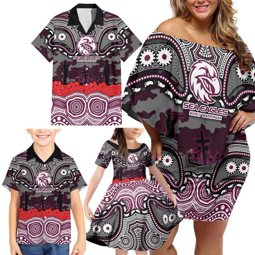 ANZAC Day Manly Warringah Sea Eagles Family Matching Off Shoulder Short Dress and Hawaiian Shirt Military Memorial Aboriginal Indigenous Art