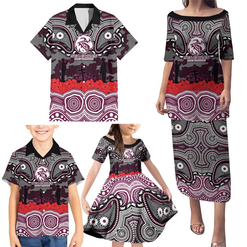 ANZAC Day Manly Warringah Sea Eagles Family Matching Puletasi and Hawaiian Shirt Military Memorial Aboriginal Indigenous Art