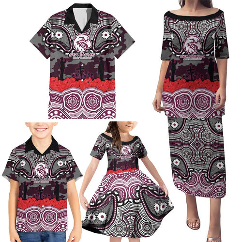 ANZAC Day Manly Warringah Sea Eagles Family Matching Puletasi and Hawaiian Shirt Military Memorial Aboriginal Indigenous Art